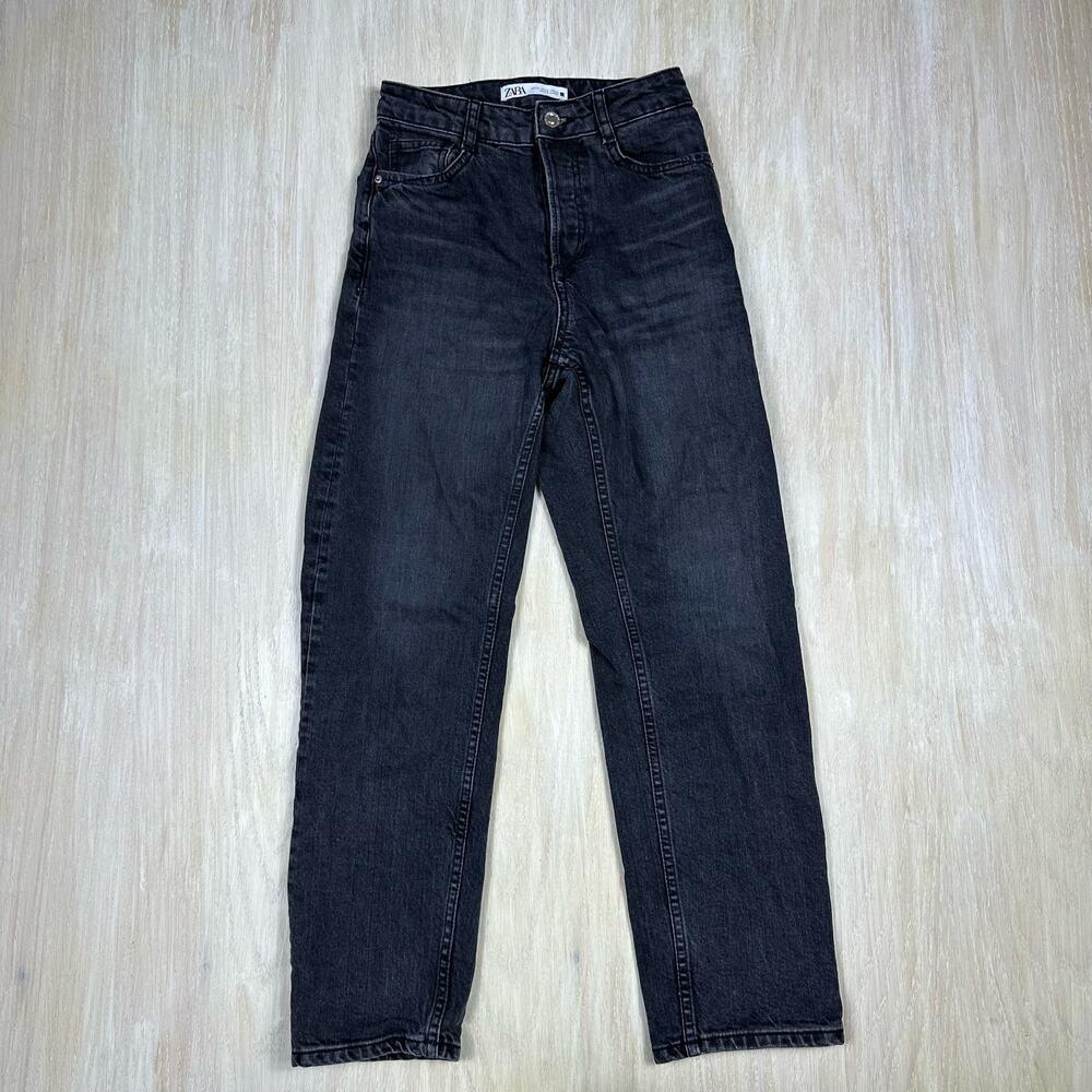 Zara Black Dark Wash Wide Leg High Rise Button Fly Denim Casual Trendy Jeans 0